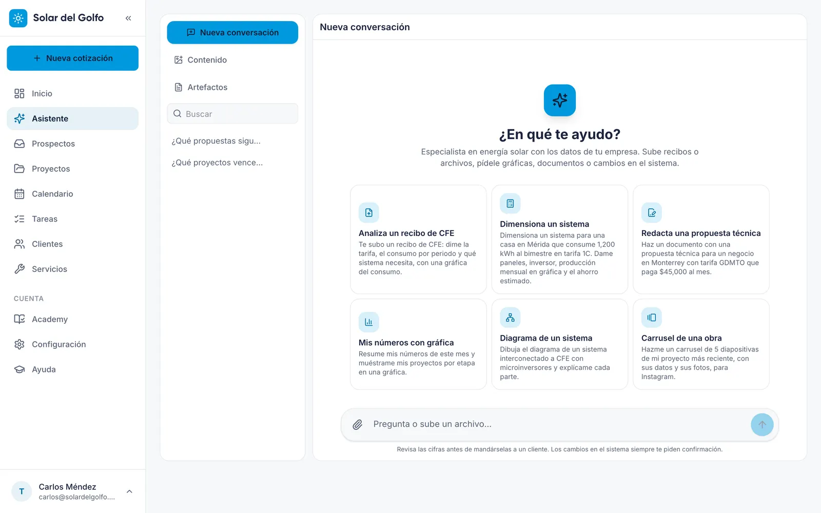 Asistente de energía con sugerencias: recibos, dimensionamiento y documentos