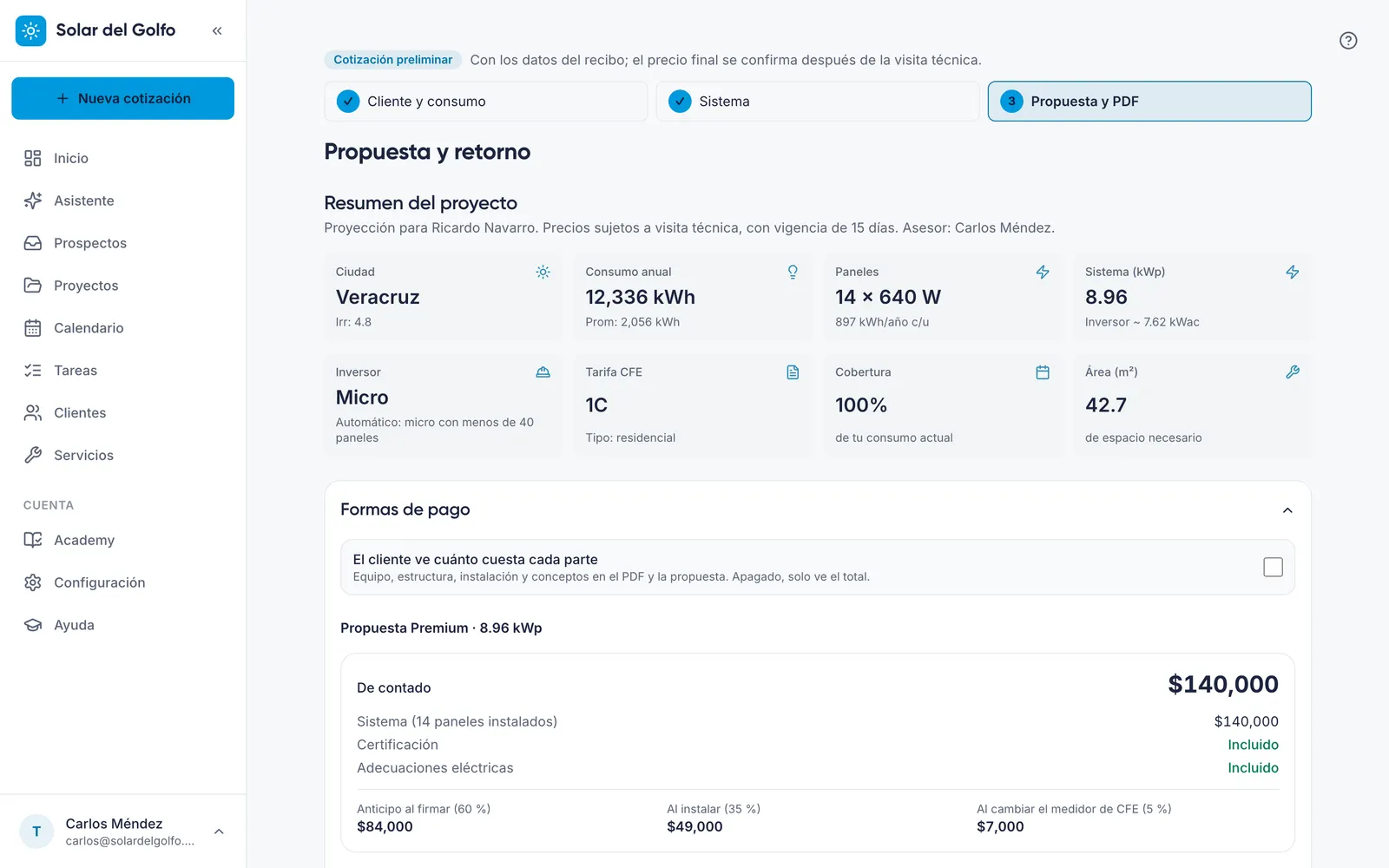 Cotizador: resumen del proyecto, propuesta Premium y reparto de pagos