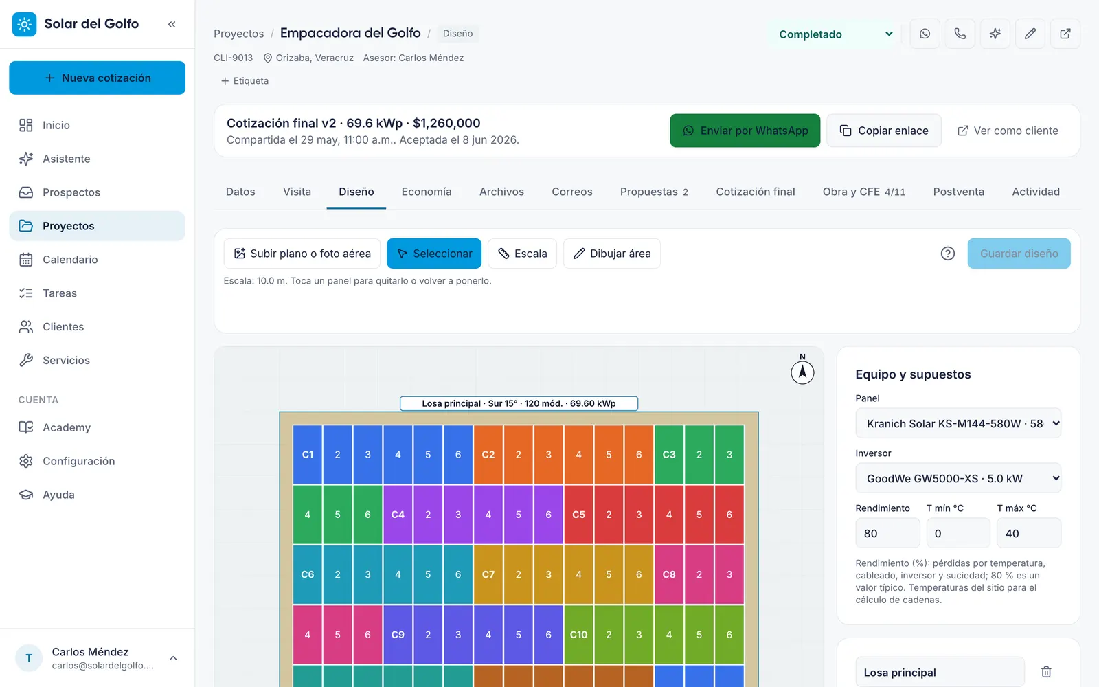 Diseño sobre plano con 120 paneles acomodados en cadenas por color