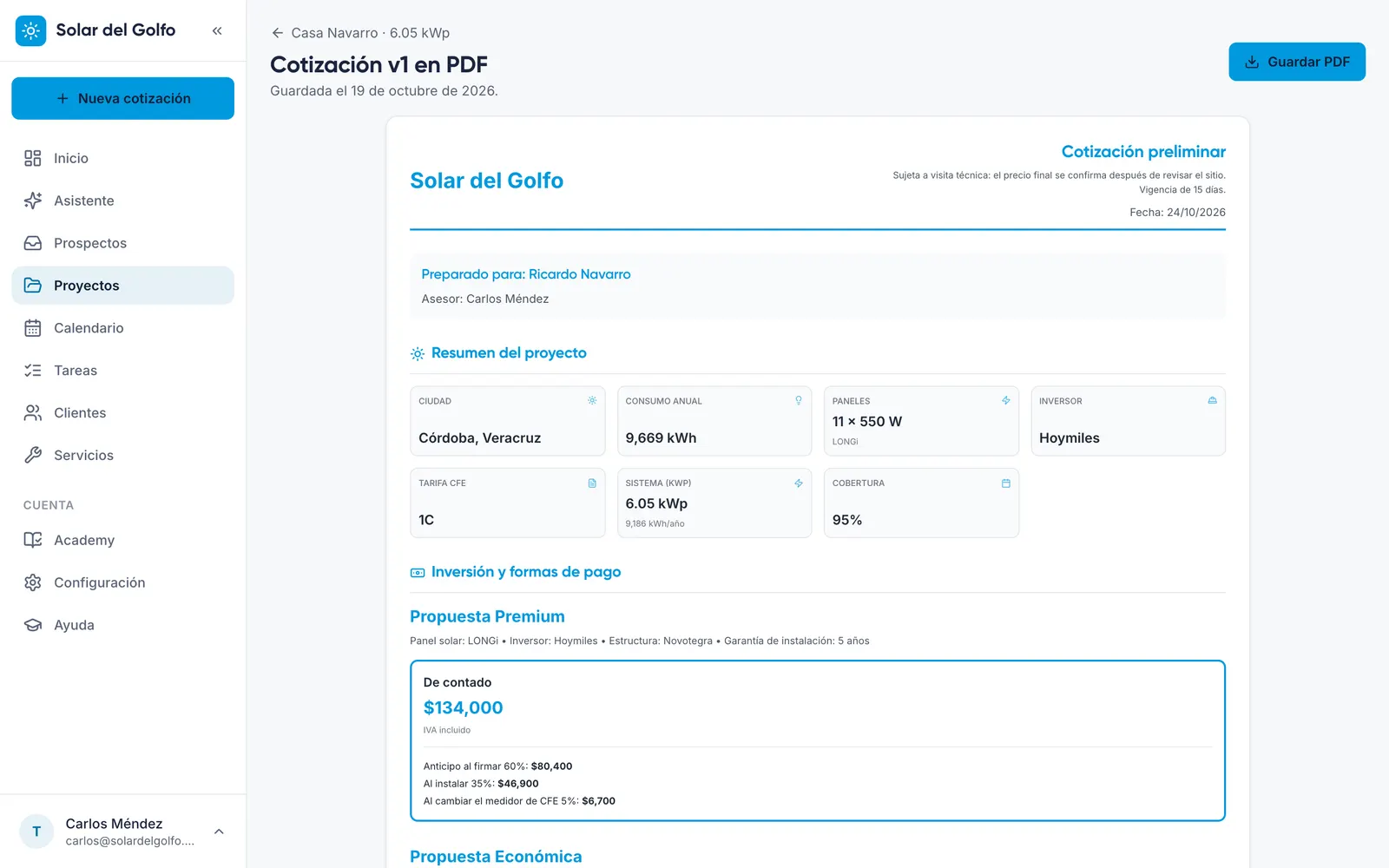 PDF de cotización preliminar con el logo y los colores de la instaladora