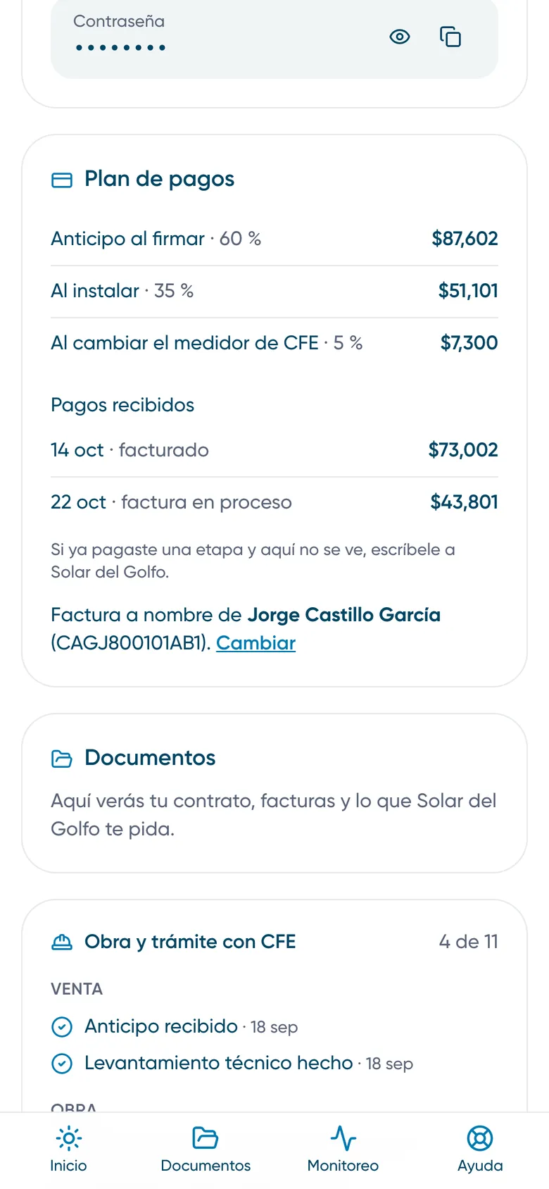 Cuenta del cliente con su plan de pagos, pagos recibidos y datos para factura