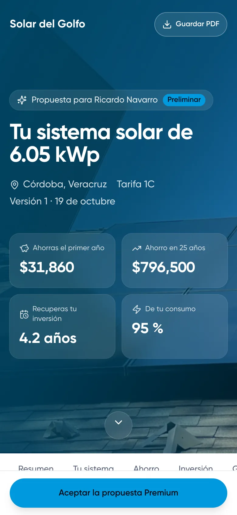 Propuesta abierta en el teléfono del cliente con el botón para aceptar