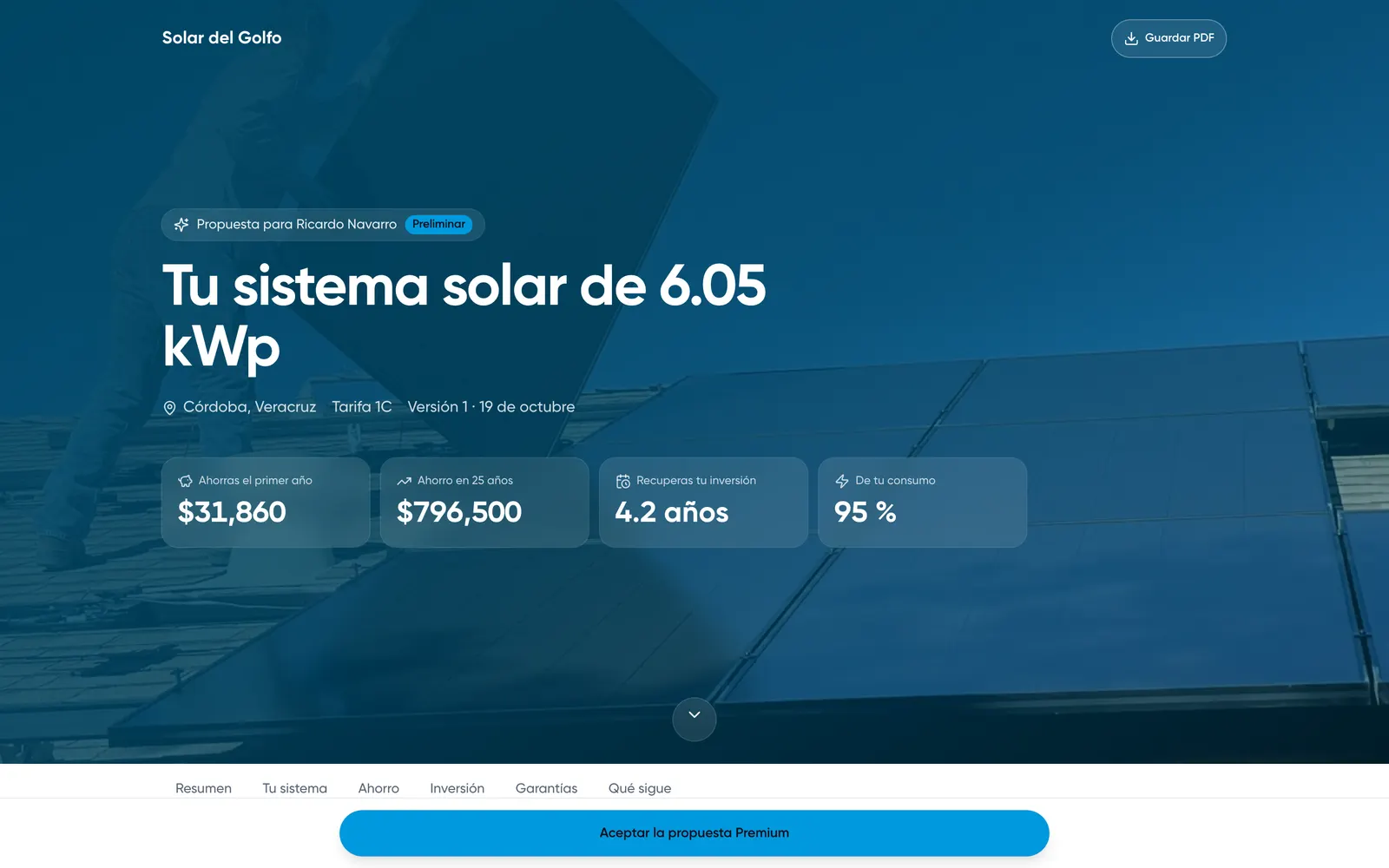 Propuesta digital que recibe el cliente, con su ahorro y su retorno