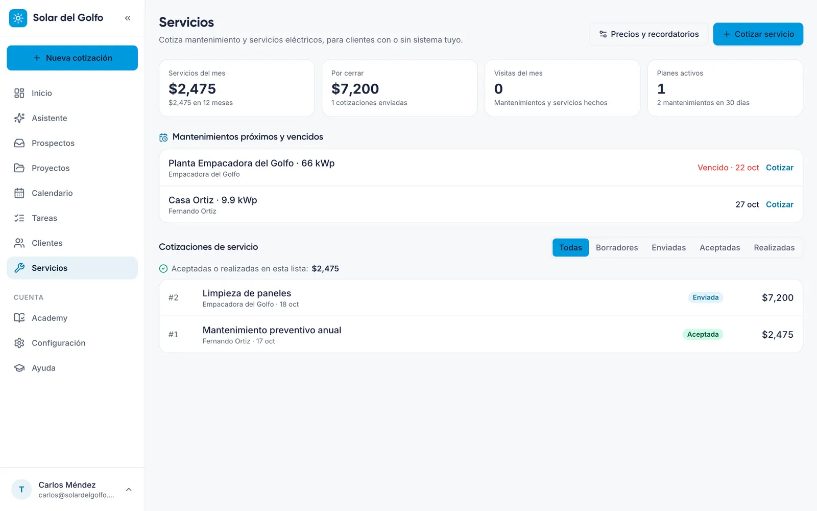 Servicios: mantenimientos próximos y cotizaciones de servicio