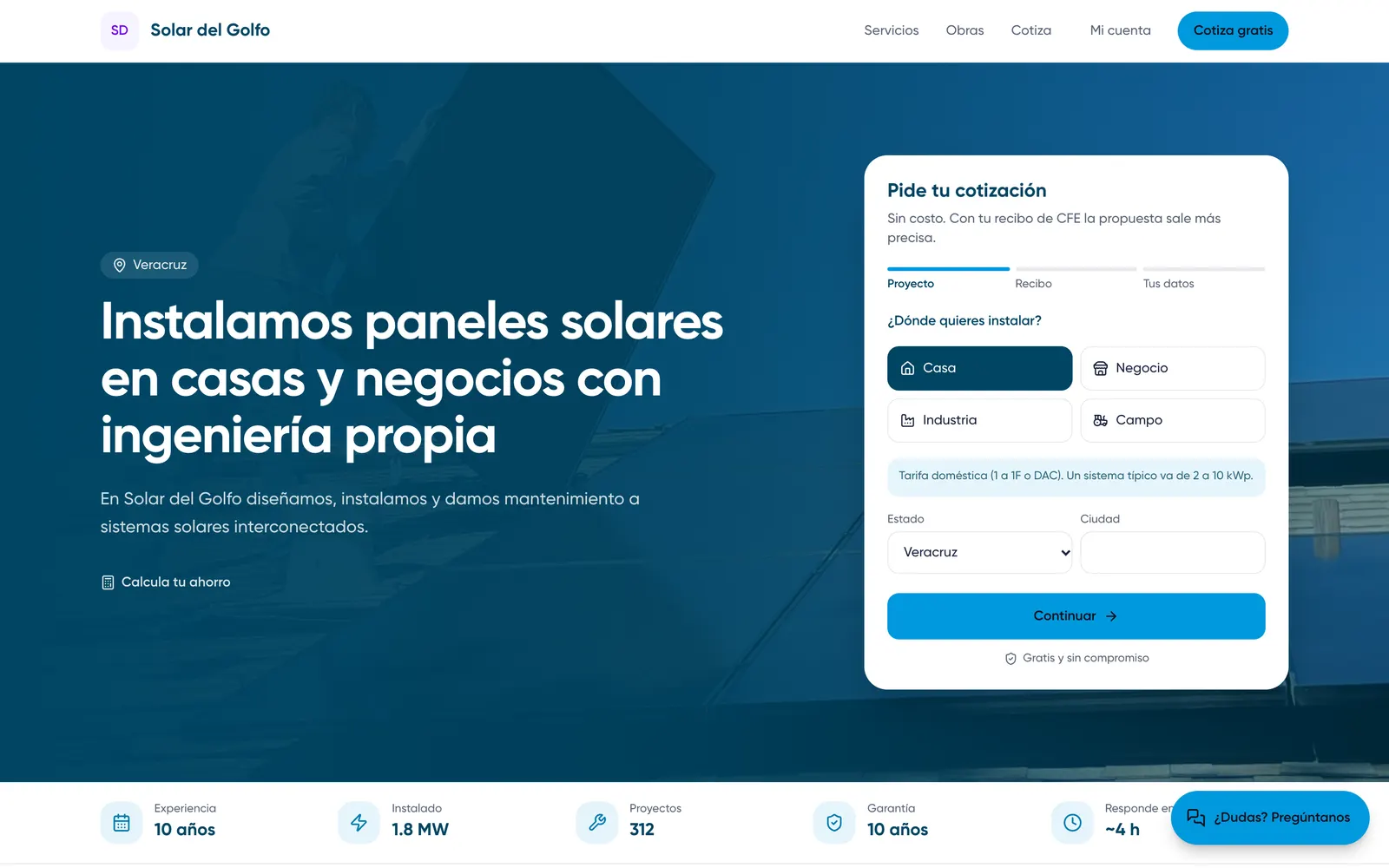 Sitio de la instaladora con su cotizador de tres pasos