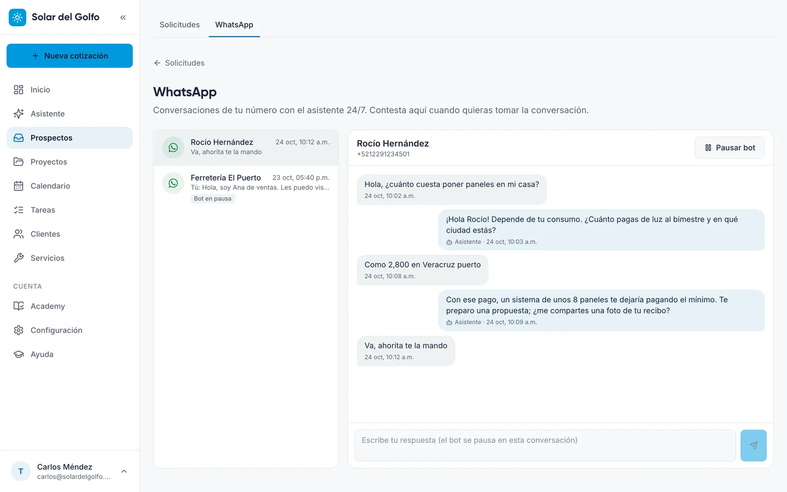 Conversación de WhatsApp contestada por el asistente 24/7