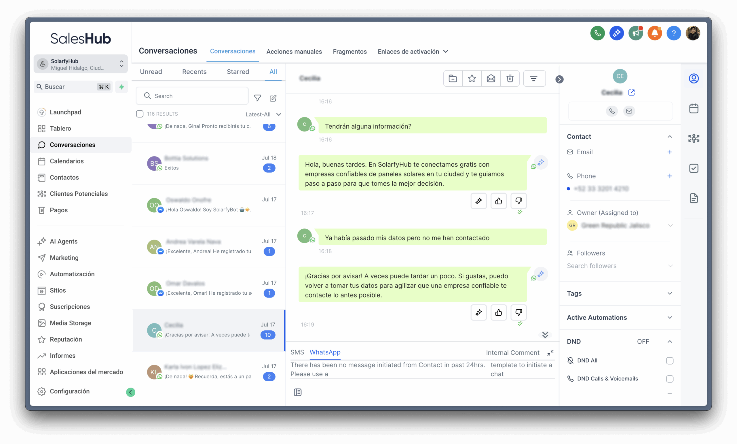 Omnicanalidad total: Responde WhatsApp, Messenger e Instagram desde un solo lugar para evitar fugas de prospectos.